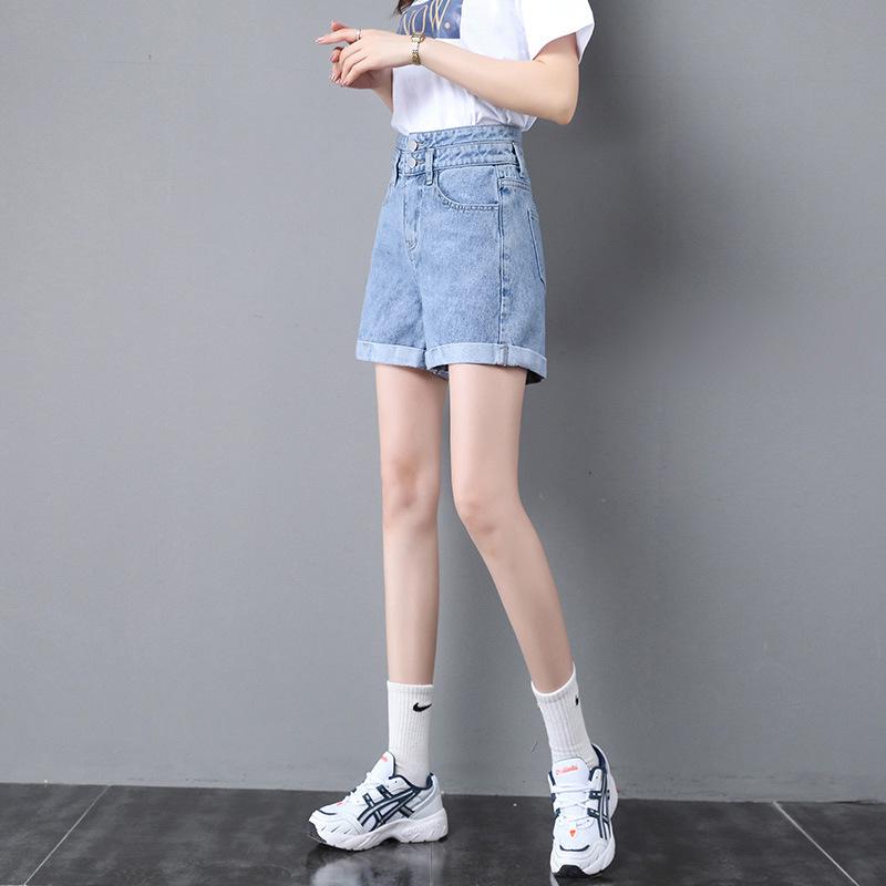 Women's High-Waist A-Line Denim Shorts - Summer Thin Style, Double Button, Loose Fit, Rolled Hem, Versatile & Slimming.