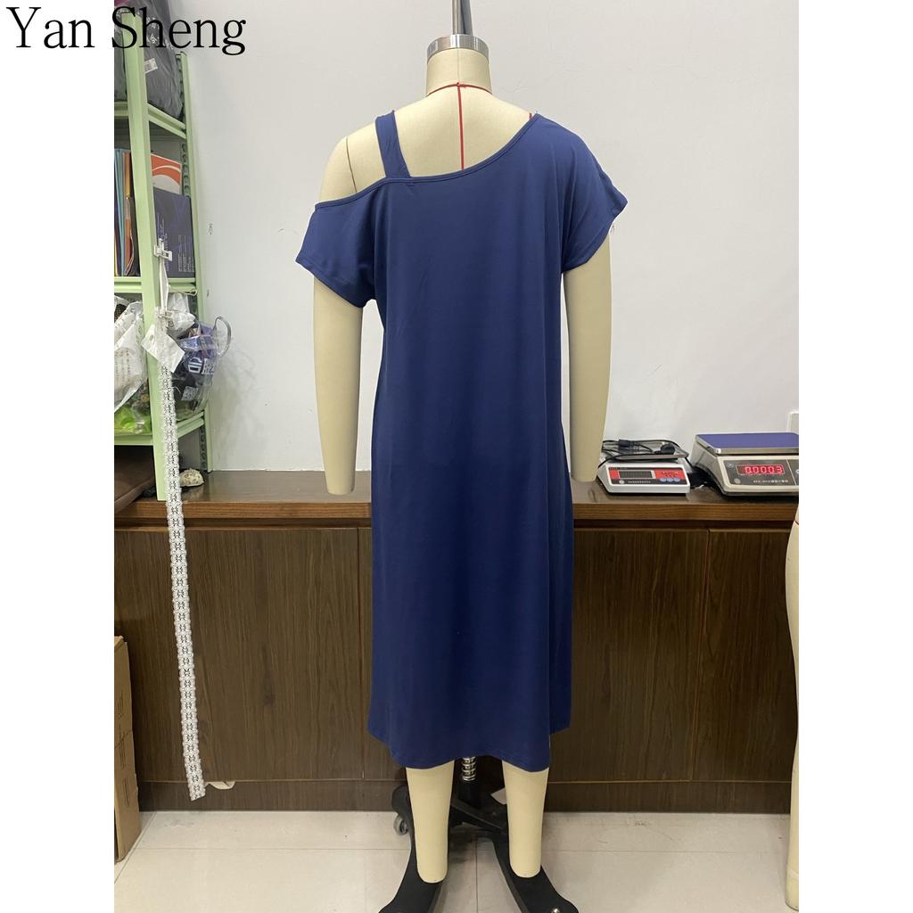 Women Nightgown Off‑Shoulder Letter Print Short Sleeve Nightdress Thin Sexy Loose Home Wear for Summer Sleepwear