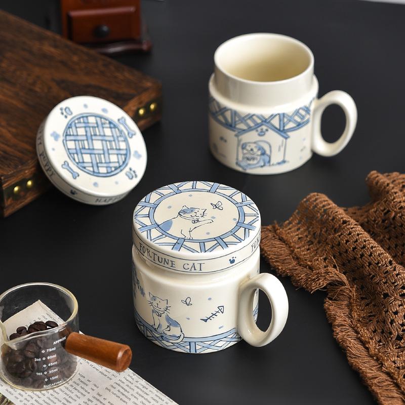 Creative Cute Kitten Puppy with Lid Mug Ceramic Water Cup Male and Female Couple Cartoon Cup Household High Temperature Resistance