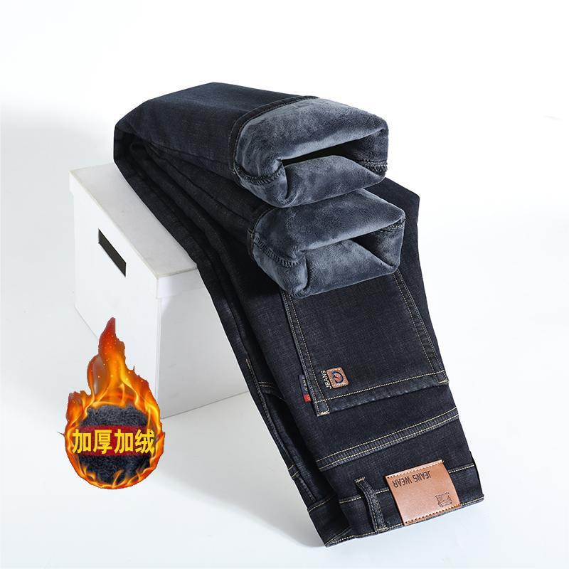 Winter Fleece Thickened Lamb Wool Jeans Straight Loose Business Large Size Elastic Thermal Casual Pants