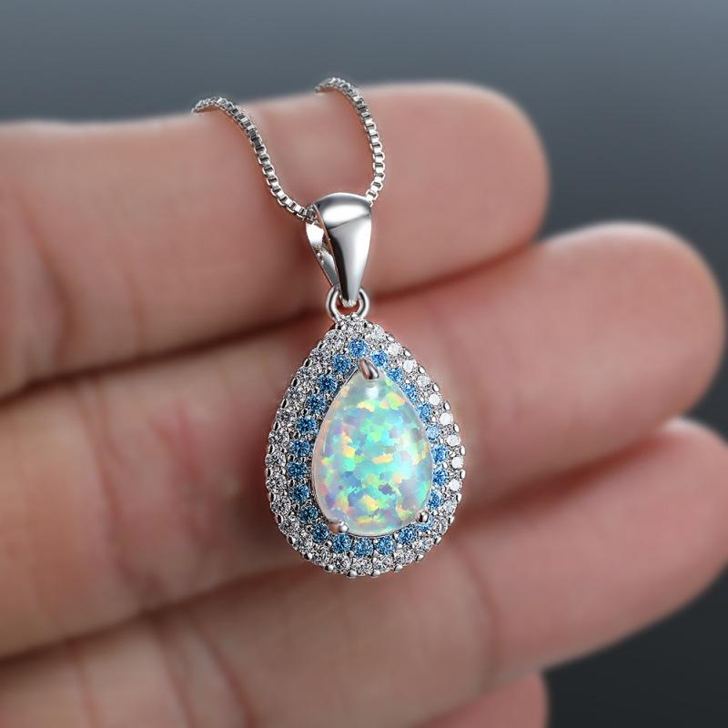 Cold Wind Platinum Water Drop Edge Diamond Opal Necklace Women's Delicate Necklace