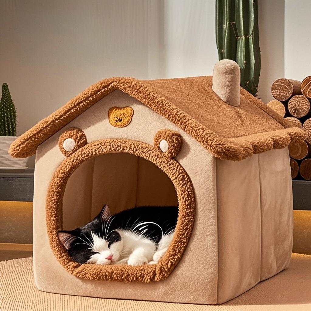 Dog Bed Cat House Gray Soft Plush Detachable Semi Enclosed Foldable Warm Cat Villa Pet Dog Nest Four Season Universal Cat Bed