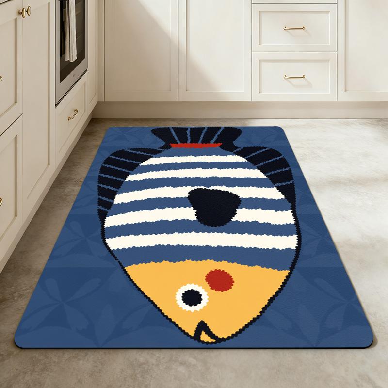 VIKAMA Cartoon Striped Fish Bath Mat Water Absorbent Anti Slip Cute Ocean Animal Bathroom Floor Rug Home Decor