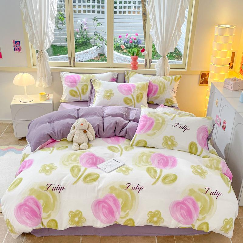 Girl Heart Fresh Small Floral Bedding Four-piece Set Washed Cotton Dormitory Bed Single Three-piece Set