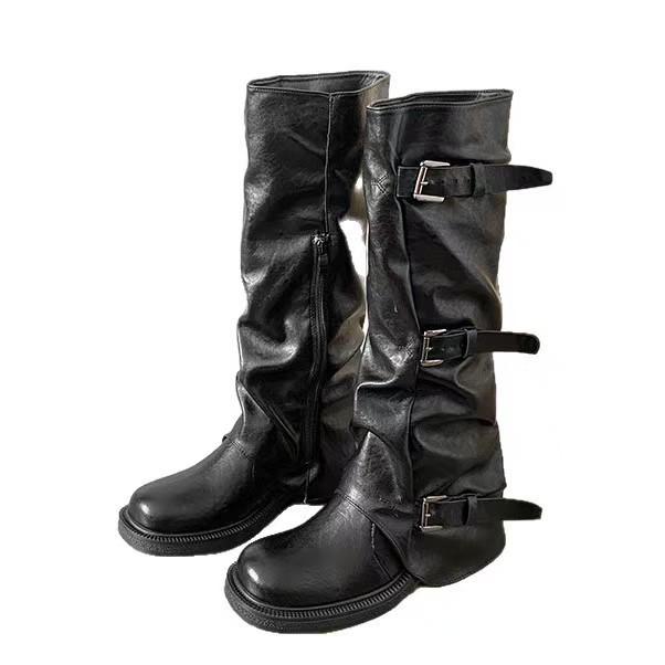 

Women s Belt Buckle Ruched Over-the-Knee Boots with Thick Soles - Retro Autumn/Winter Trendy Style 025 38 чёрный