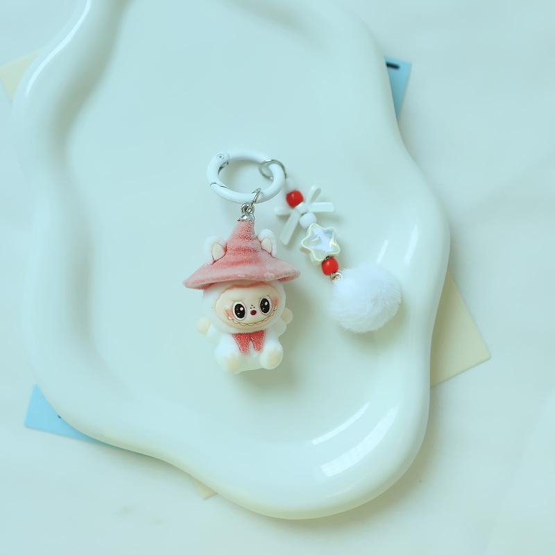 1 Piece Cartoon Flocking Wizard Labubu Keychain Cute Bag Hanging Pendant Backpack Earphone Case Decoration Birthday Gifts