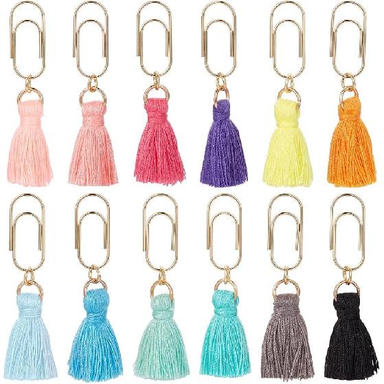 OLYCRAFT 12pcs Cotton Tassel Charm Paper Clips 1.9 Inch Mixed Mini Paperclips With Metal Journaling Paper Clamps for Document Supplies - 12 Colors