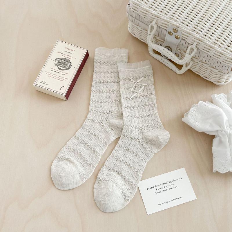 White Bow-knit Socks - Mid-calf Length Socks, Summer and Spring Lightweight Breathable Ballet-style Pure Cotton Layered Socks