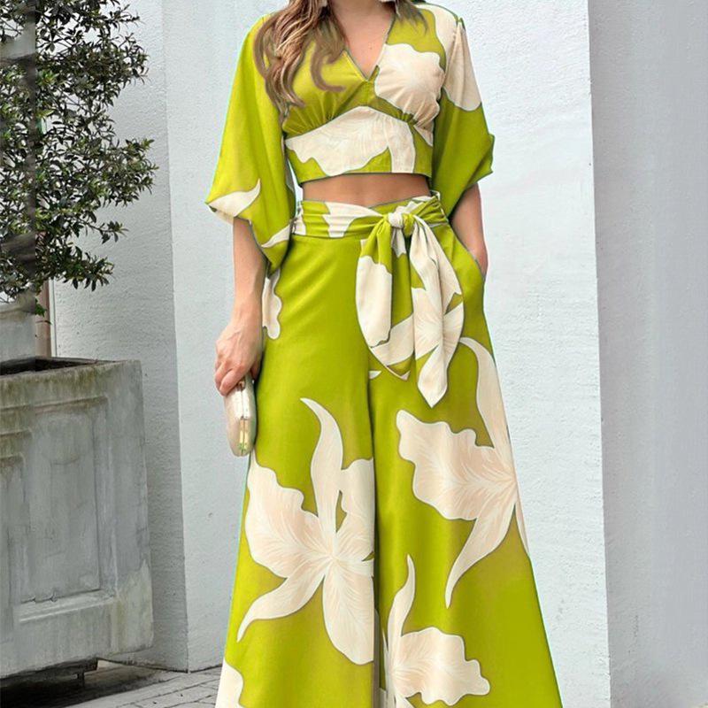 2026 Spring Fashion Floral Print Wide-Leg Pants Suit for Women 2XL