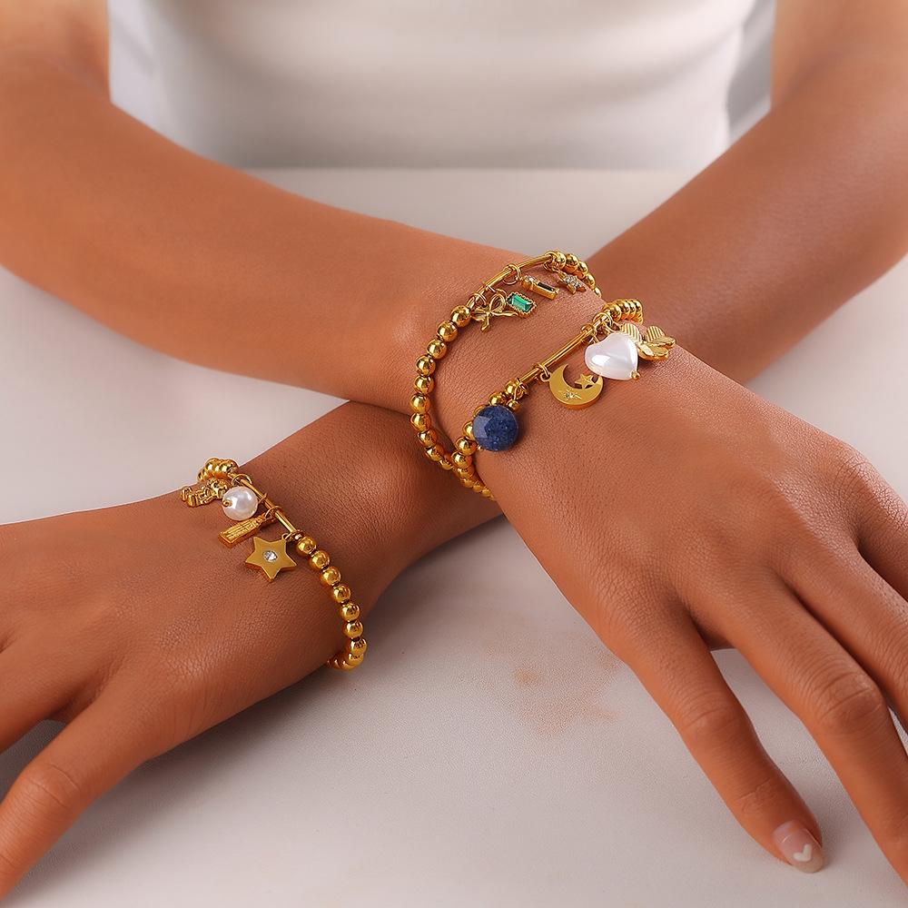 Retro Premium Sense · DIY Love Star Moon Pendant Gold Bead Bracelet Stainless Steel Gold Plated Jewelry
