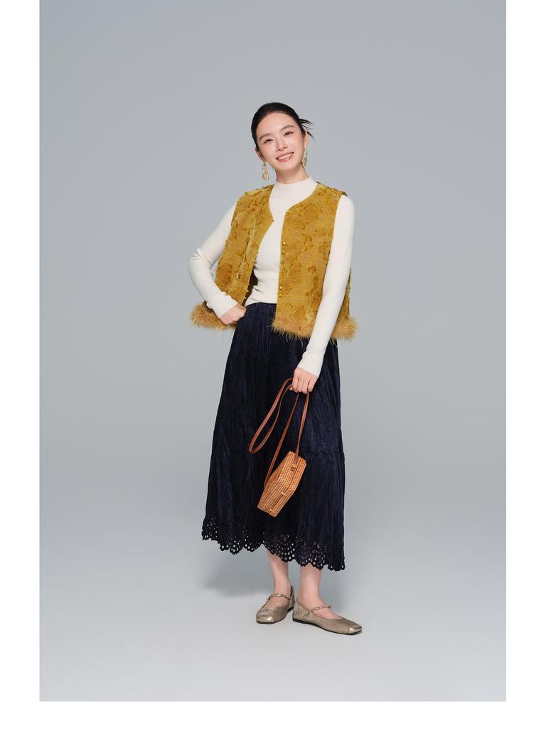 Velvet Hollow Hem A-line Cake Skirt - Women's Slimming Autumn/Winter 2025