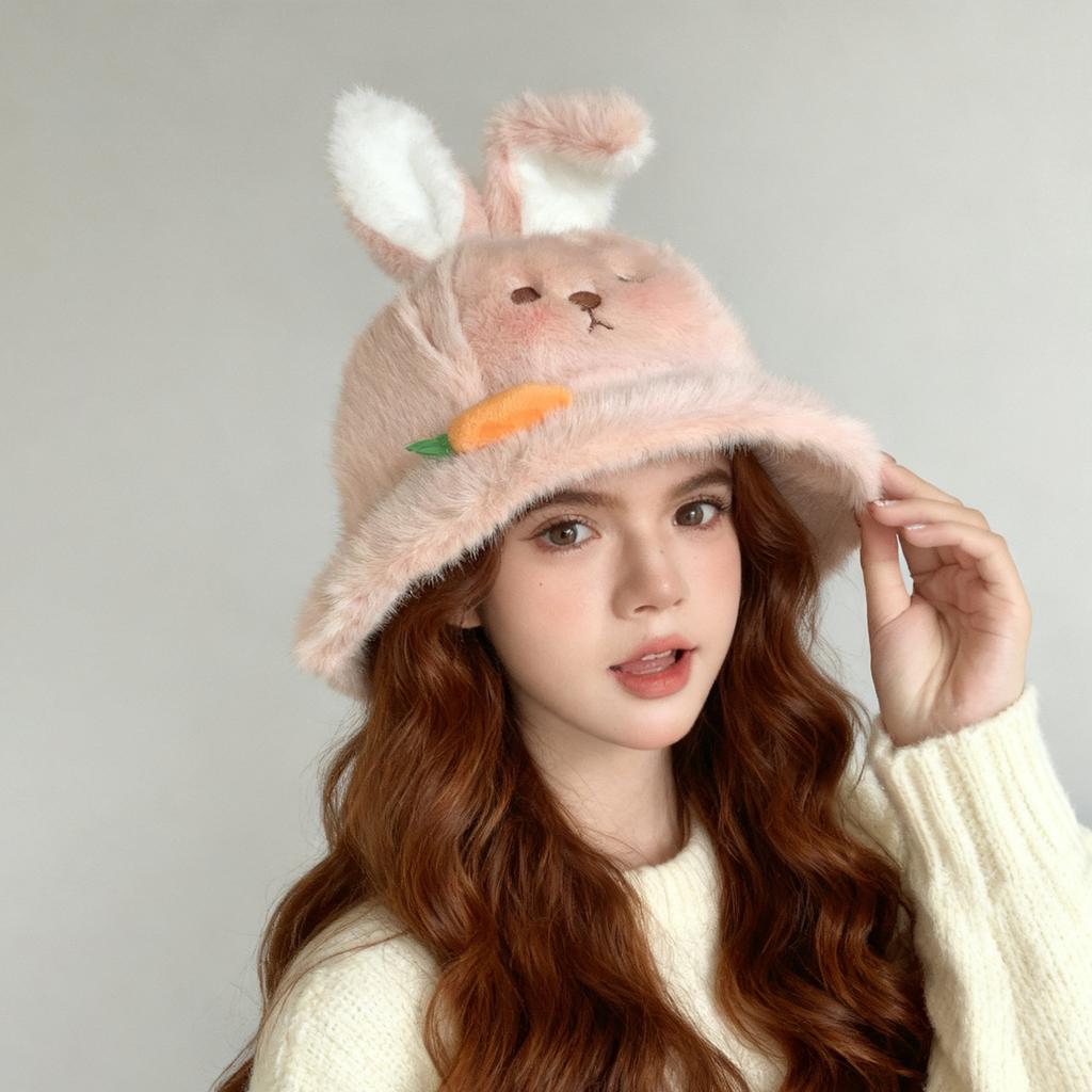 Rabbit ears plush hat women's autumn and winter warm big head circumference bucket hat cartoon college wind washbasin hat
