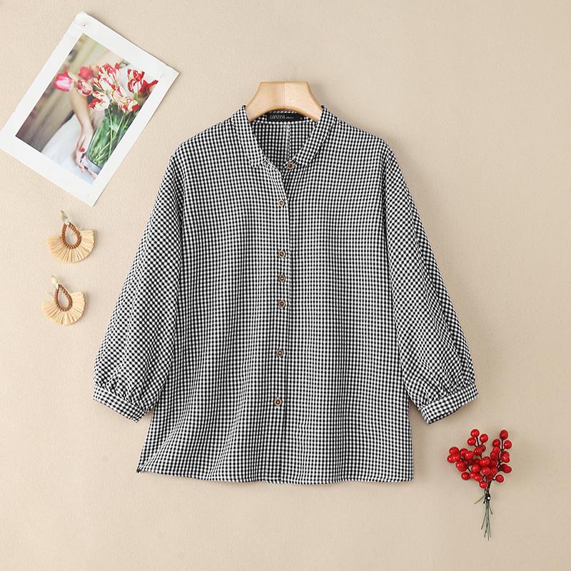 ZANZEA Women Plaid Print Casual Turn Down Collar 3/4 Sleeve Blouse