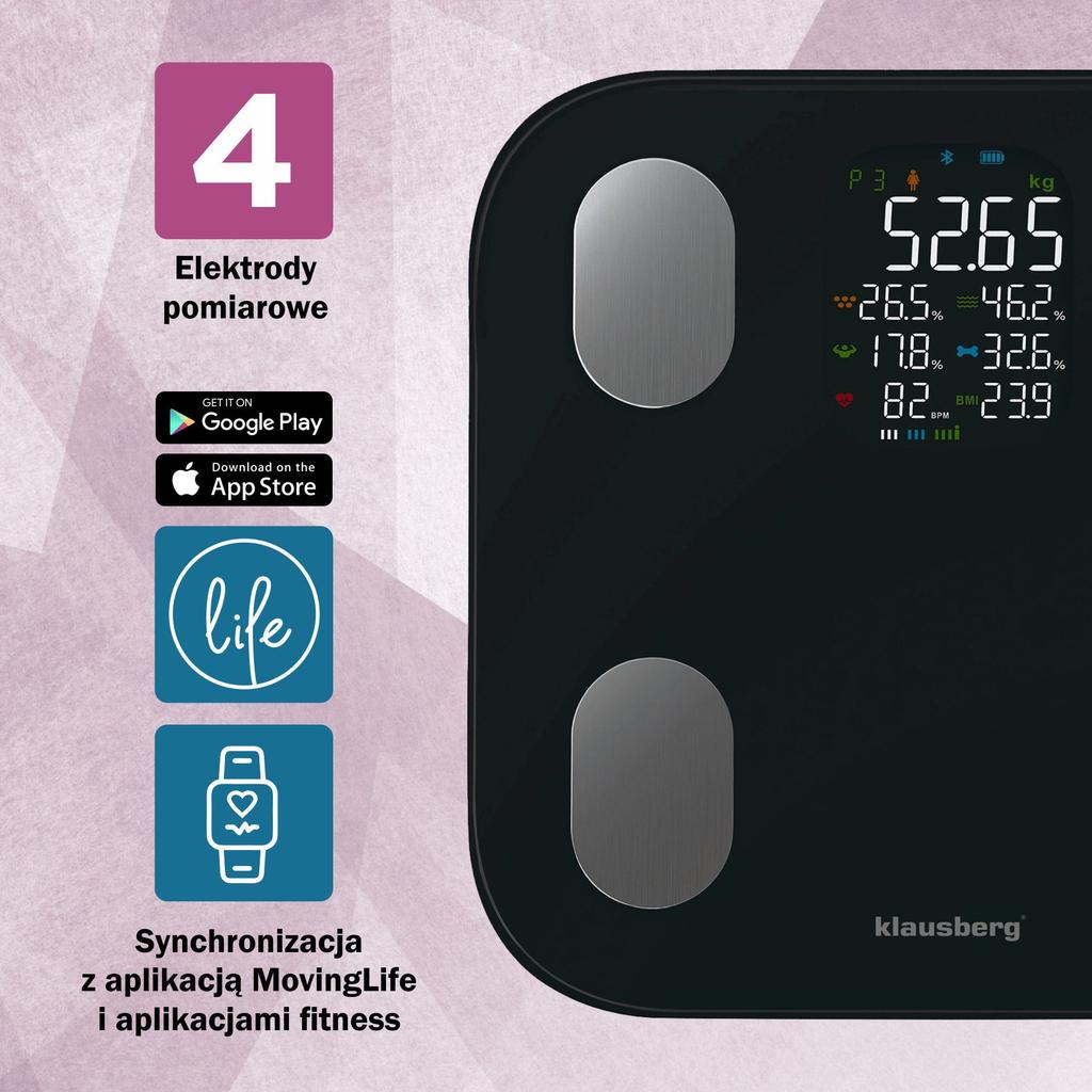 Waga łazienkowa z pomiarem tkanki tłuszczowej i składu ciała, Smart, BT,  KLAUSBERG KB-7854 czarna