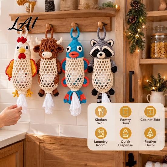 Seasonal Craft Kits Crochet Animal Bag Holder DIY Kit Hanging Plastic Make Easy Patterns Cute Raccoon Highland Cow Organizer for Home Kitchen Decor,