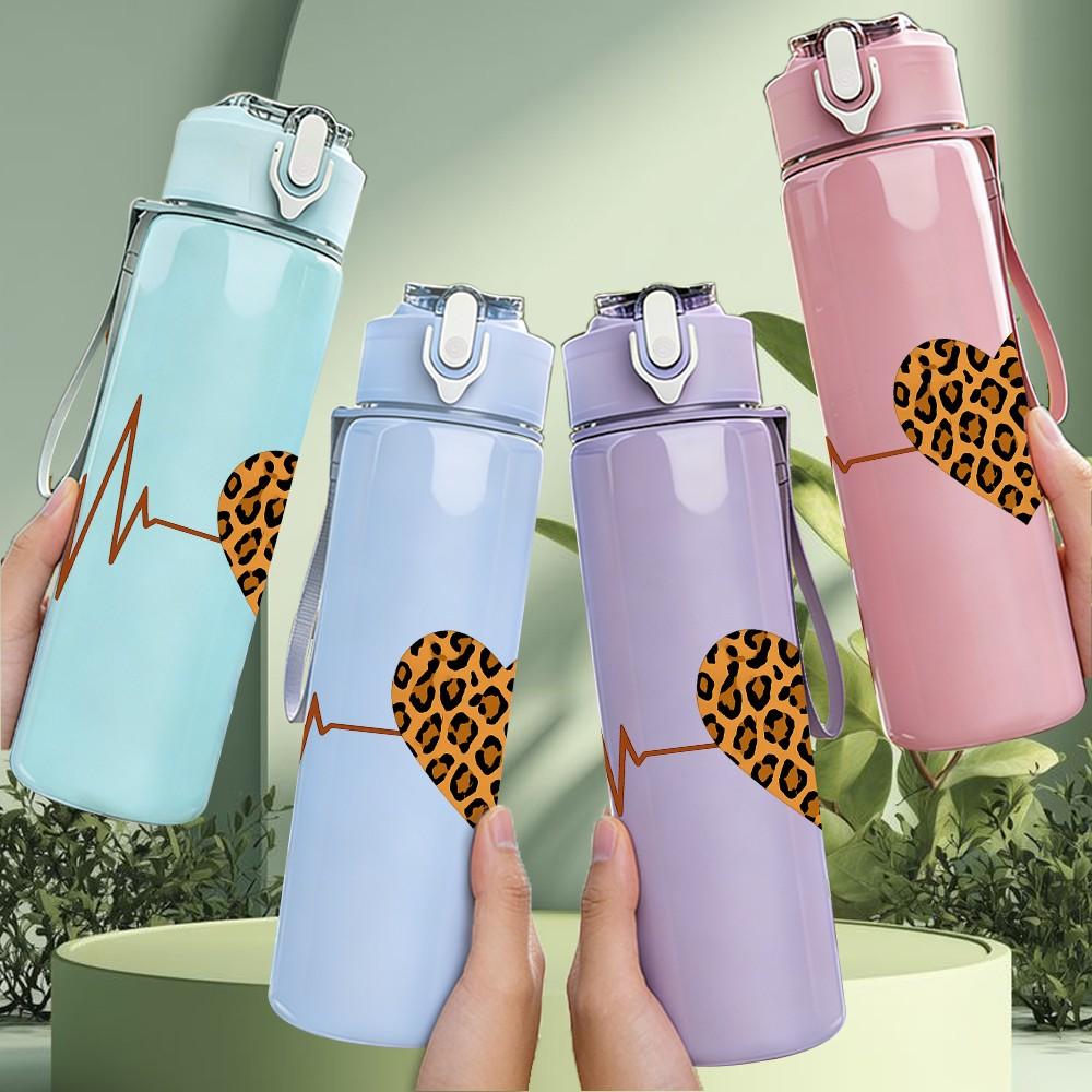 1PC Leopard Heart Electrocardiogram 750ml Color Plastic Sports Water Bottle Leakproof Flip Straw Lid Suitable for Sports Office Home Use