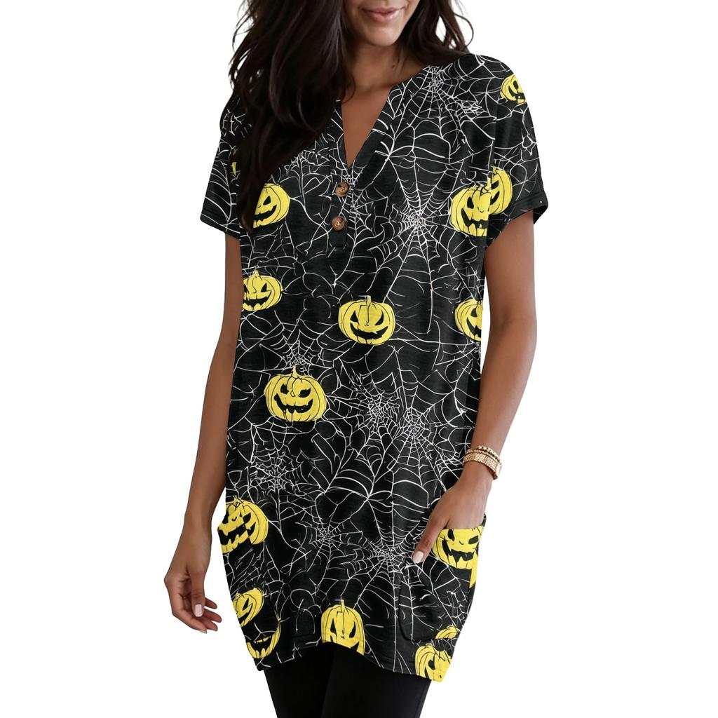 Women V Neck Halloween Print Short Sleeve Pullover Top with Pocket Loose Fit Web Pumpkin Design Tunic Shirt Blouse