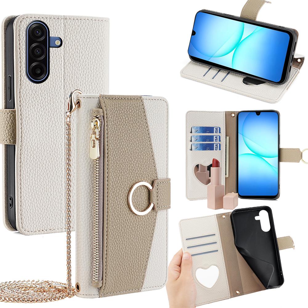 For Samsung Galaxy A17 5G Case Mirror Wallet Leather Phone Cover with Chain Shoulder Strap