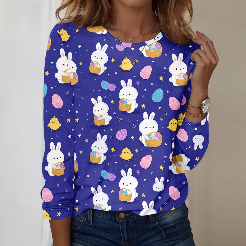 Women's Daily Casual Long Sleeved Easter Printed Round Neck Top