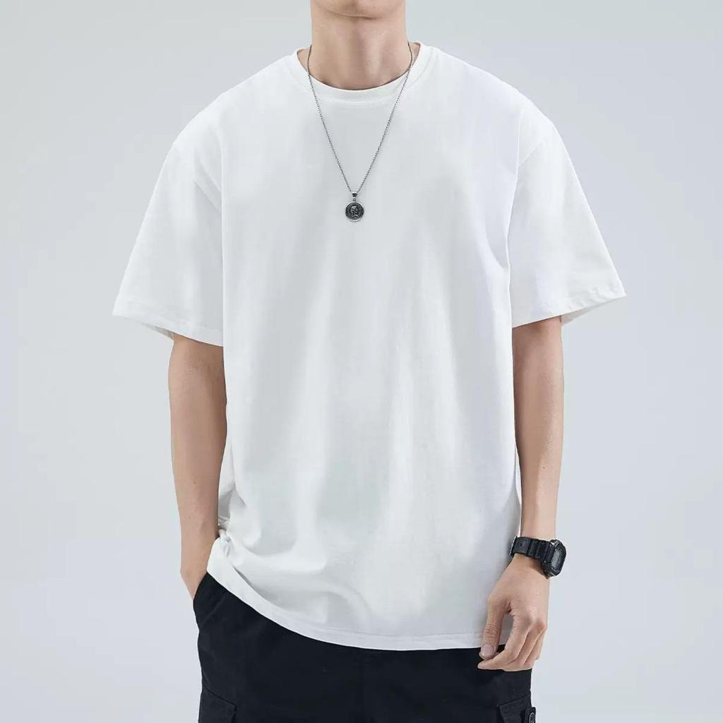 Men's Heavyweight Pure Cotton Short Sleeve Round Neck Casual White T-shirt