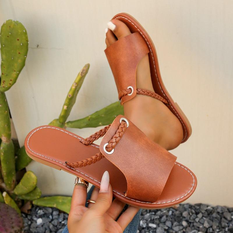 Women's Summer New Solid Color Women's Slippers Large Size Woven Simple Everyday Wear Beach Slippers