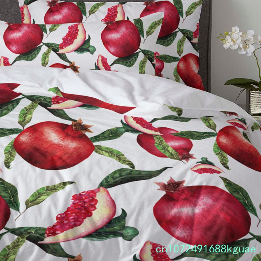 Sommerfrucht Roter Granatapfel Grünes Blatt Bettbezug mit Kissenbezug Kundenspezifisches 3-teiliges Bettwäscheset Steppdeckenbezug Doppelbett Heimtextil