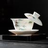 Hand-Painted Suet Jade Hover Lid Bowl Teacup Single Ceramic Suspension Sancai Tea Bowl White Tea Bubble Tea Bowl Tea Set