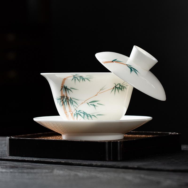 Hand-Painted Suet Jade Hover Lid Bowl Teacup Single Ceramic Suspension Sancai Tea Bowl White Tea Bubble Tea Bowl Tea Set