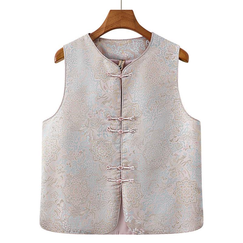 

Elegant Jacquard Frog Button Vest for Middle-Aged and Elderly Mothers, Sleeveless, Versatile Spring Collection 5XL (150-165 jin) бежевый