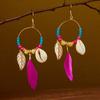 Hot selling ethnic style retro feather earrings, long multi colored vacation feather earrings, bead string design, circular earrings
