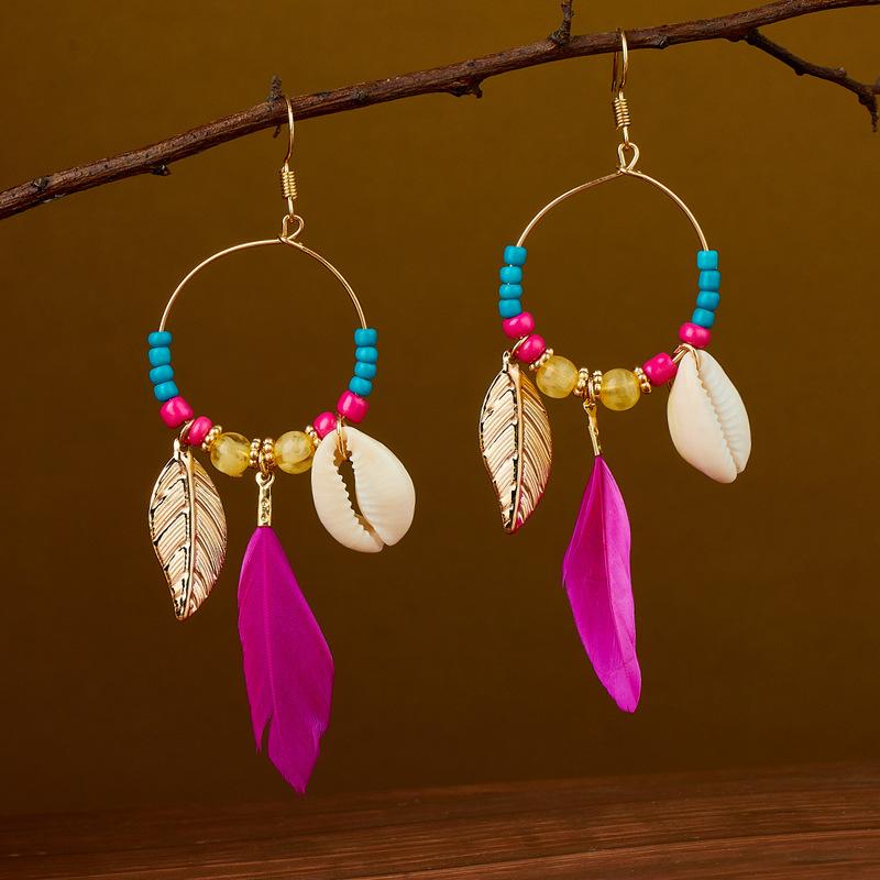 Hot selling ethnic style retro feather earrings, long multi colored vacation feather earrings, bead string design, circular earrings