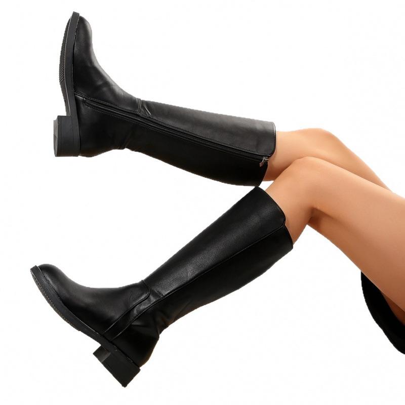 Neue große einfarbige europäische und amerikanische runde Spitze mittelhoher Absatz dicker Absatz seitlicher Reißverschluss Knie Modestiefel