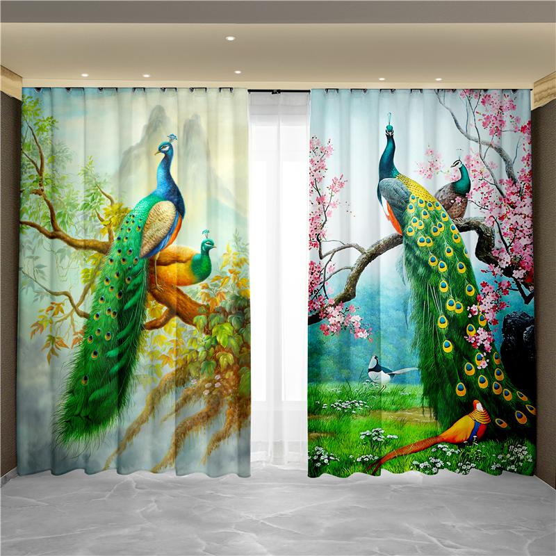 Nowy Chiński Styl Tuszowy Pejzaż Malarstwo Kwiatowe Paw Feniks Zasłona Okno od Podłogi do Sufitu Salon Tkanina Zaciemniająca Zasłona
