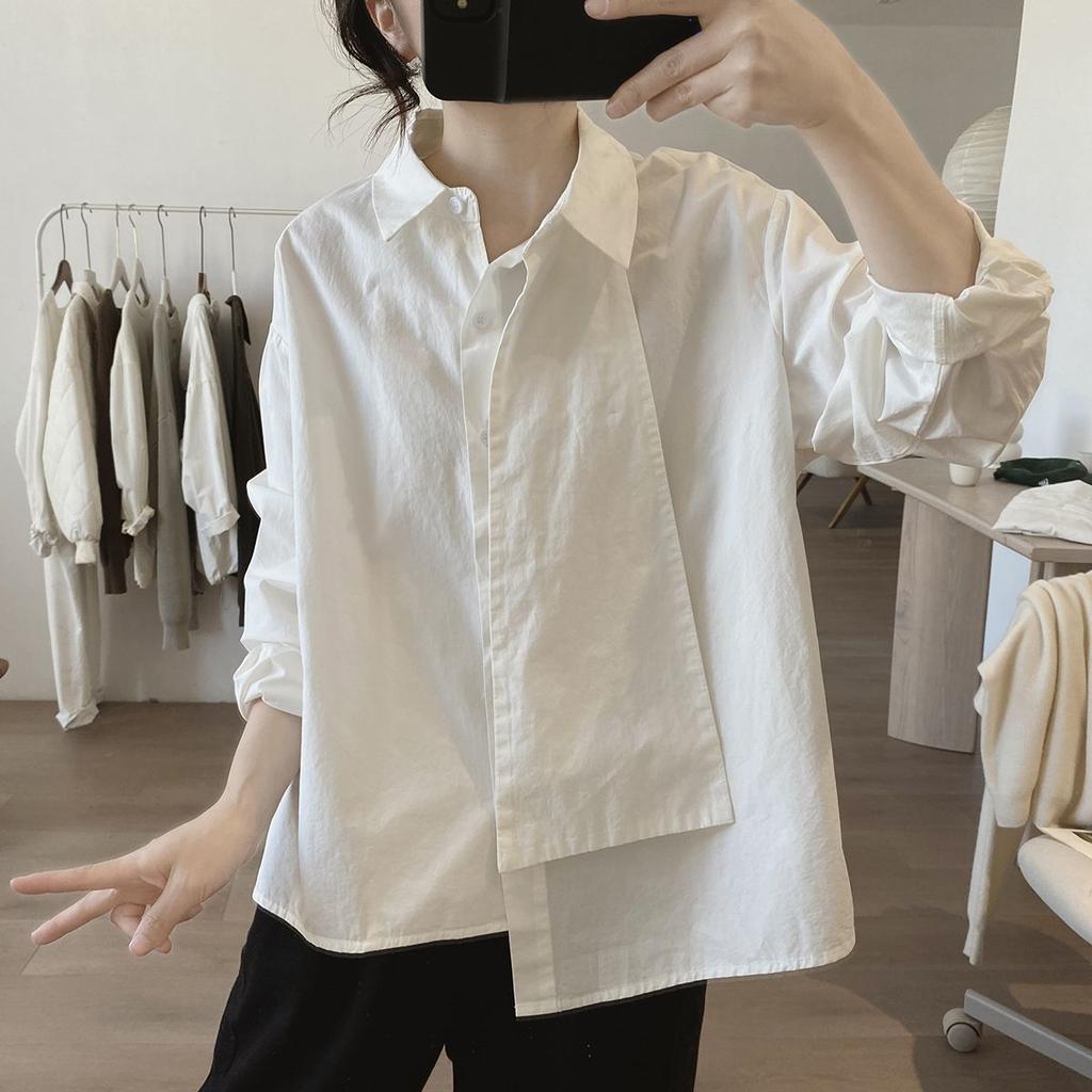 Cotton Shirt Women's New Spring Autumn Loose Korean Style Simple Design Irregular Top