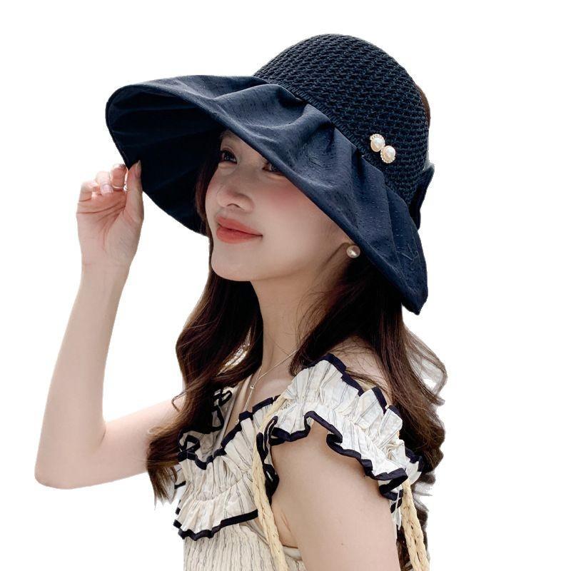 Hat women's summer new high-end pearl decoration knitted grass top sun hat outdoor sun protection empty top sun hat
