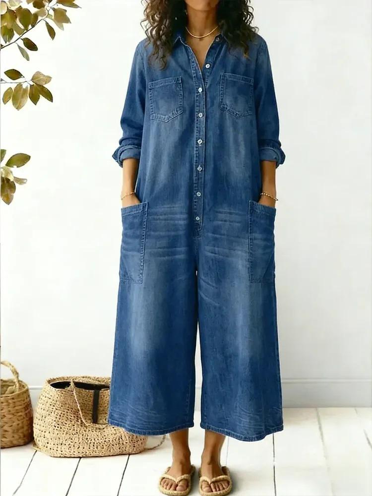 2026 Spring Women's Fashion European & American Single-Breasted Shirt Dress Jumpsuit
