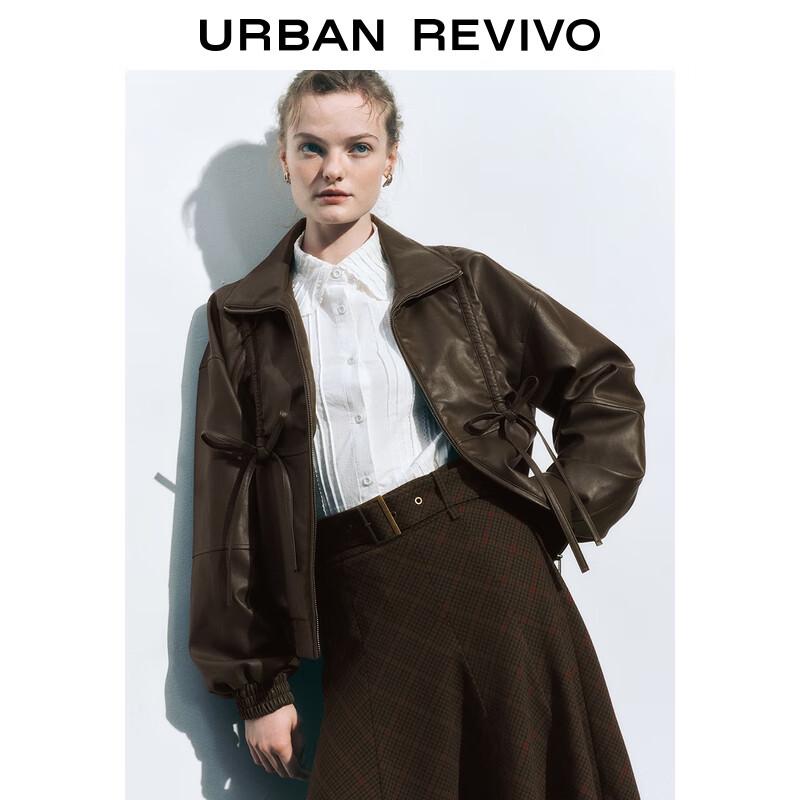 UR Women's 2025 Autumn Bowknot Pleated PU Leather Jacket