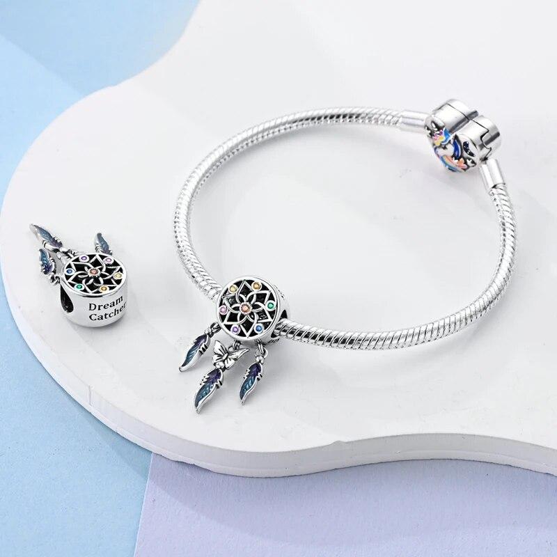 925 Sterling Silver Colorful Zircon Dreamcatcher Charms Beads Pendants FitFashion Original Bracelets DIY Jewelry Making