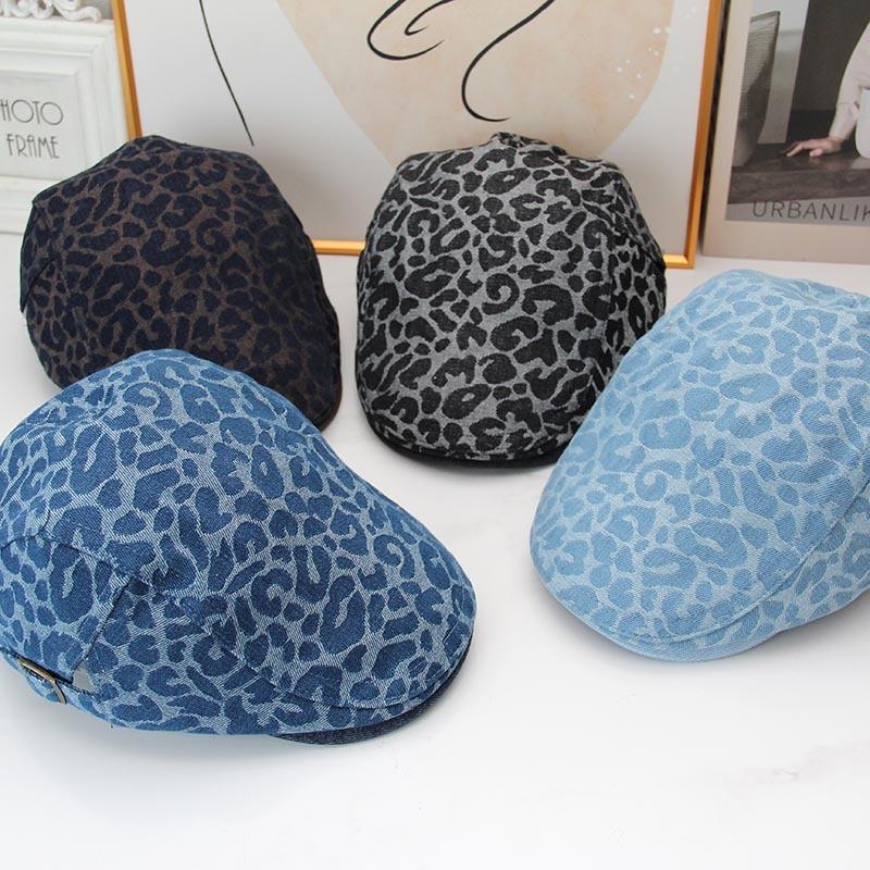 Spice girl retro leopard print forward hat cowgirl fabric street atmosphere short brim cap show face small newsboy hat