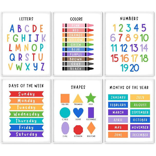 6 Learning Posters for Toddlers & Kids – 11"×14 "Alphabet, Numbers, Colours, Shapes, Days of the Week & Months – Educational Wall Charts for