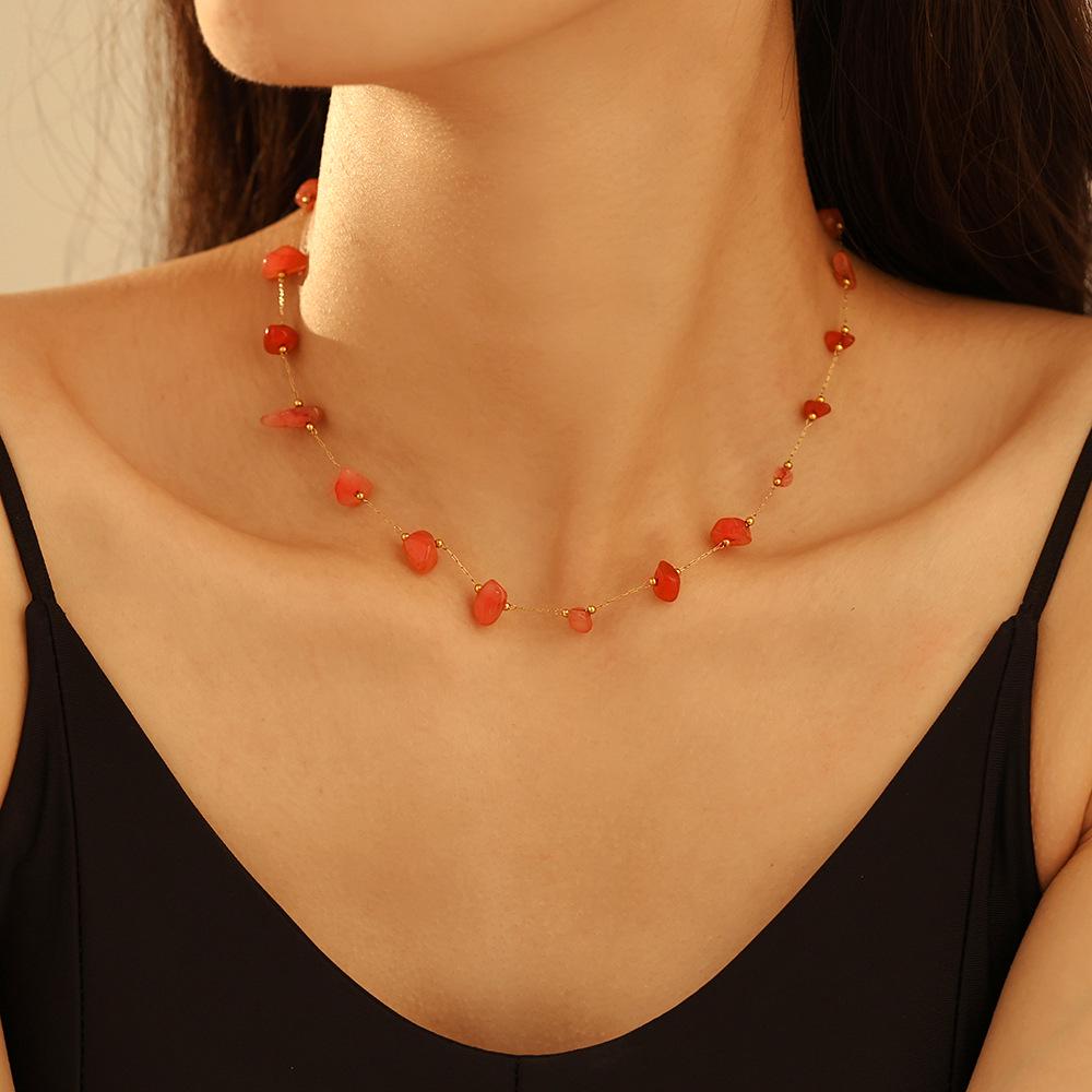 Retro French Natural Stone Necklace & Bracelet Set with Stainless Steel
