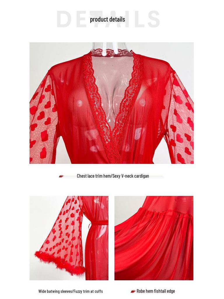 Feyun Women's Seductive Mesh Nightgown and Bathrobe