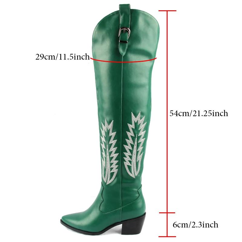 Mode Klassische Western Cowboy Stiefel für Damen Kniehohe Stiefel Bestickt Spitz Zehenbereich Klobiger Absatz Schuhe Frau Wintermode Grüner Stiefel