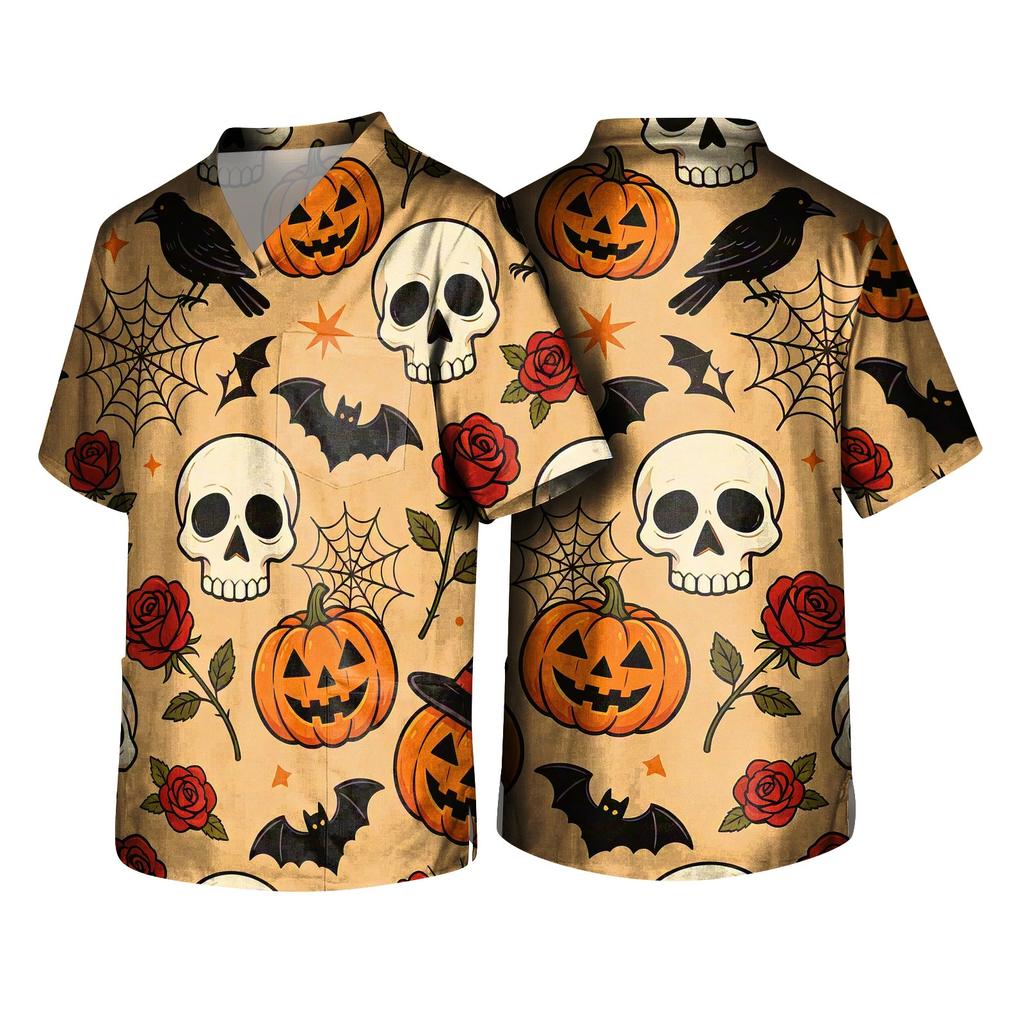 Men's Halloween Print V Neck Pocket Scrub Top Short Sleeve Work Shirt with Themed Pattern for Professionals Uniform