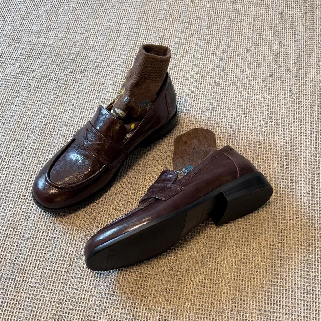 Sheepskin Version~ Retro Leather One-pedal Lazy Shoes Women's Thick Heel Flat-soled Single Shoes British Style Small Leather Shoes Loafers