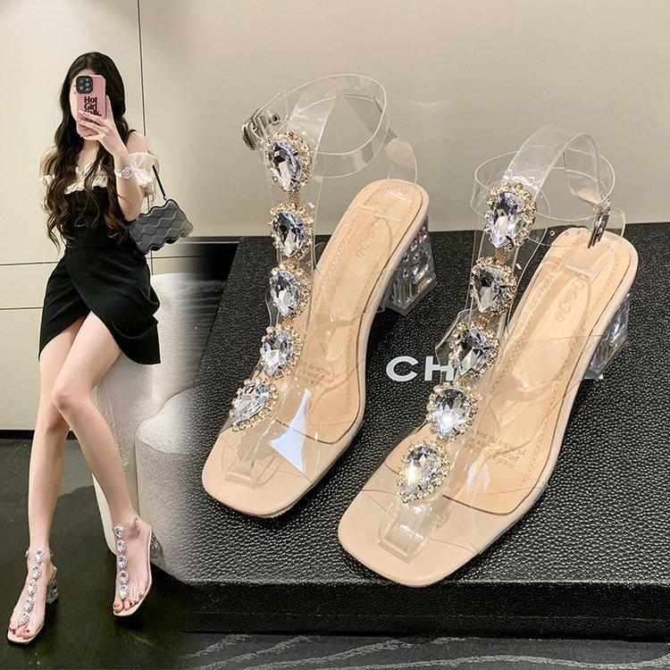 

Fashion Summer transparent sandals women s high-end niche French new crystal heels thick heels pigeon egg rhinestone high heels banquet 42 абрикосовый