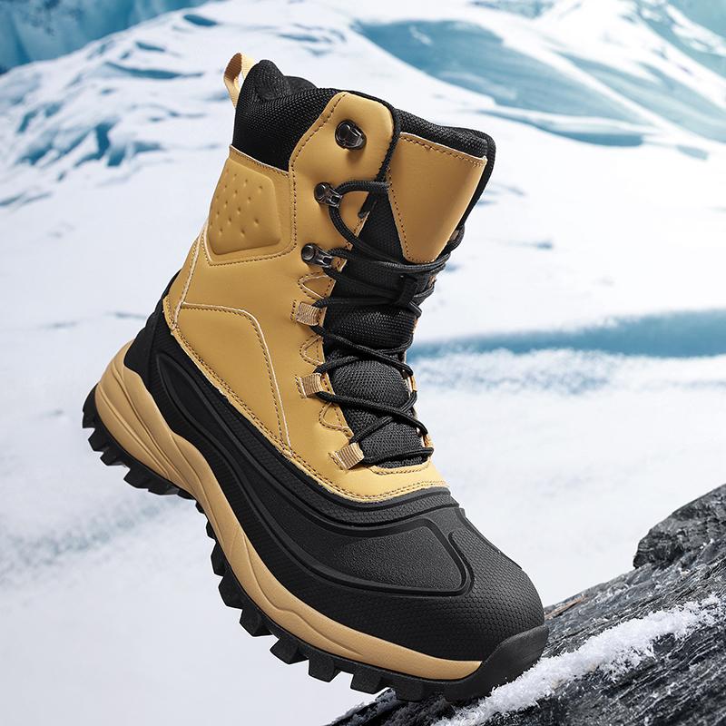 Men's Winter High-Top Snow Boots with Fleece Lining Thickened Waterproof Non-Slip Warm and Cold-Resistant Cotton Hiking Shoes