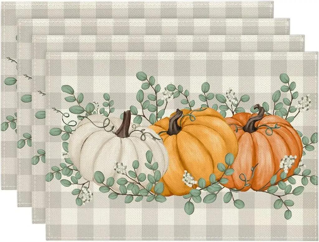 Fall Thanksgiving Table Mats Set of 4 Fall Pumpkin Maple Leaves Buffalo Plaid Placemats Seasonal Holiday Thanksgiving Placemats