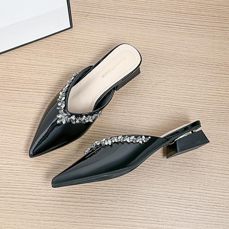 

Huiliya bag head half slippers women s shoes wear 2025 new temperament French rhinestone high heel Mueller shoes women 40 чорний