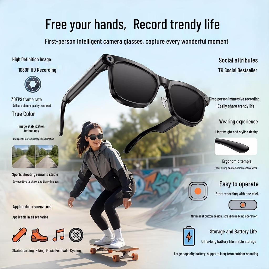 Smart Glasses with 800W Pixel HD Camera and AI Recognition